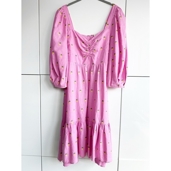 Farm Rio Linen Midi Dress Pink Embroidered Pineapple Size Small NWT - Picture 2 of 12